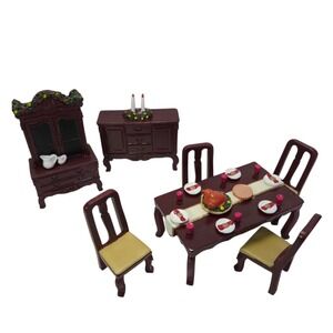 Dollhouse Miniature Dining Room Set Hutch Table Chairs Holiday Feast 7 Pc New